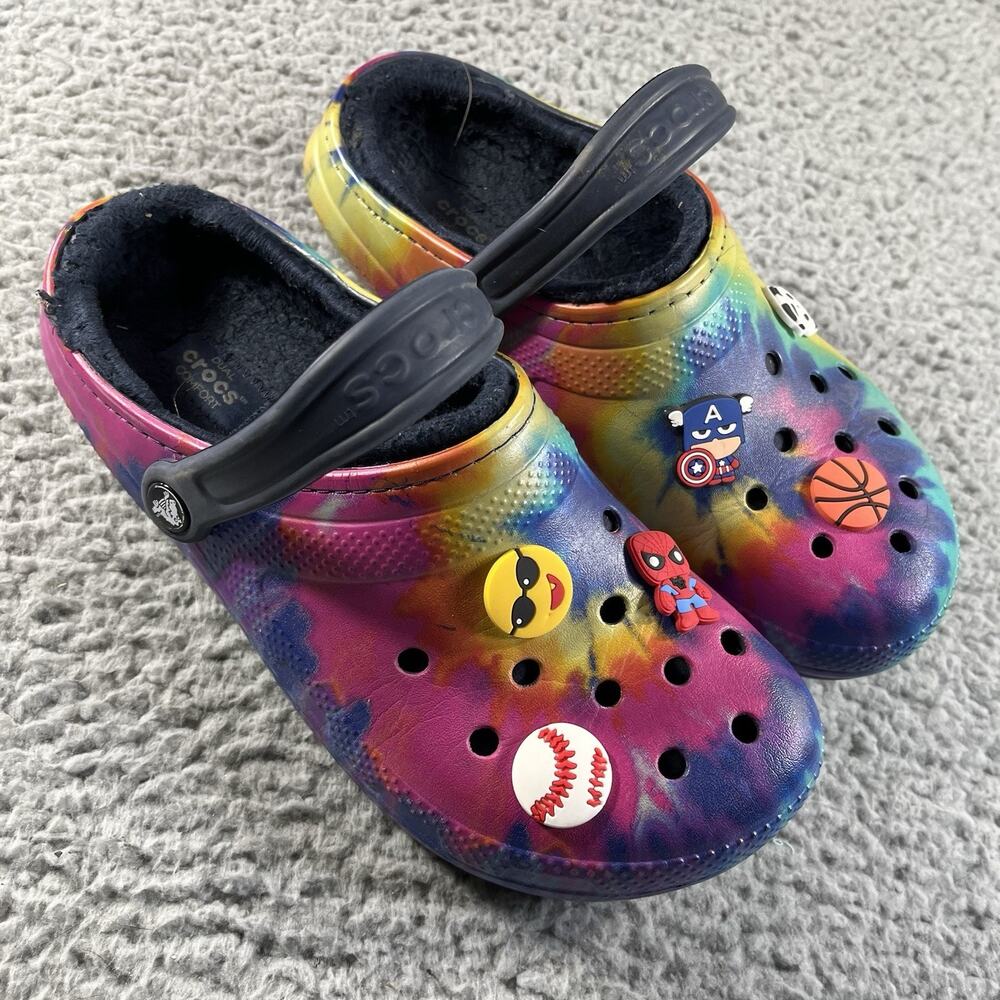 Crocs Classic Lined Tie-Dye Fuzz Fleece Clogs Shoes Men 7 Women 9 Jibbitz Charms